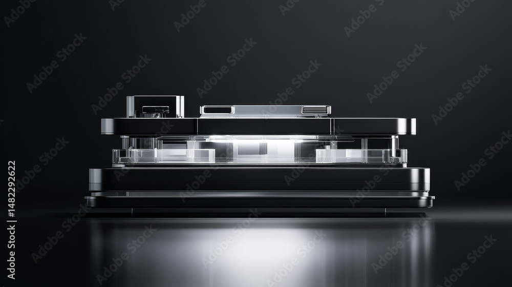 Poster futuristic layered technology design with sleek components and glowing elements.