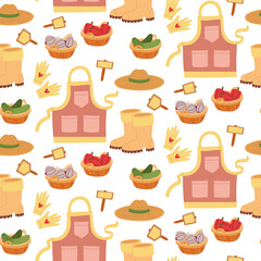 Gardening items with baskets of vegetables. Clothes and vegetables collected. Flat color illustrations in texture. Beautiful clothes for the harvest. Spring planting, summer weeding, autumn harvesting