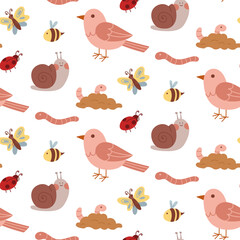 pattern of cute insects and animals in the garden. Flat color illustration in texture. Snail, bird, ladybug, worm, butterfly. Ideal printing, packaging, posters, children's or nature projects in cozy