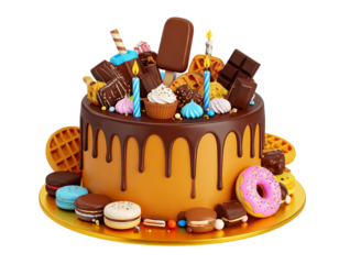A decadent chocolate cake adorned with various sweets, including ice cream, waffles, candies, and macarons, sits on a golden stand