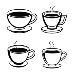 Obraz premium Set of four tea or coffee cup icons with steam. Simple clean line vector clipart illustrations style perfect for morning tea or coffee themes, drink icons, hot drinks, café branding, beverages design 