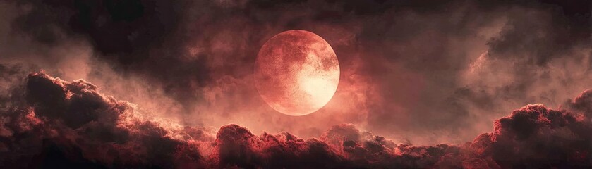 Obraz premium Red moon behind black clouds with eerie sky and burning concept. A dramatic sunset showcasing vivid clouds and a glowing moon.