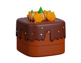 A square chocolate cake, decorated with orange cookies and green icing triangles