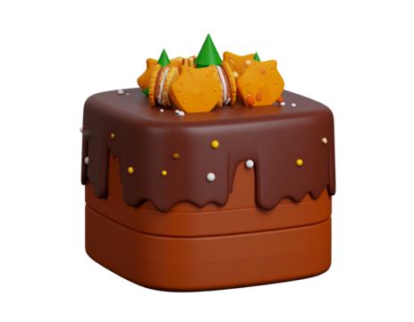 A square chocolate cake, decorated with orange cookies and green icing triangles