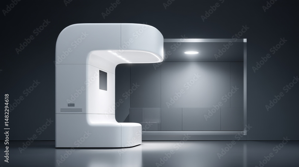 Poster futuristic tech booth in a modern minimalist environment with ambient lighting.