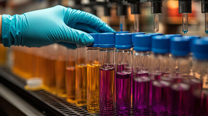 Scientist in blue nitrile gloves caps test tubes with colored liquids on automated lab equipment.