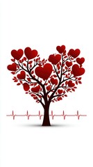 Romantic Heart Tree with Heartbeat Line on White Background