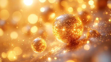 Golden spheres in a bokeh background of shimmering light.