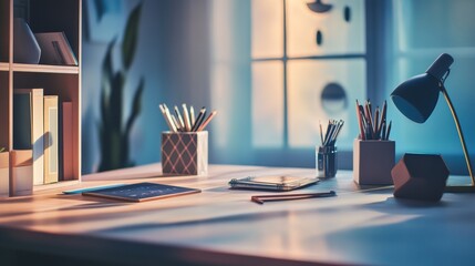 Creative office workspace with modern decor and desktop tools for inspiration productivity startup freelance artistic warm environment stylish design scene