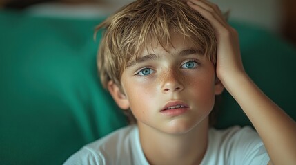 Portrait of a Pensive Young Boy with Striking Blue Eyes