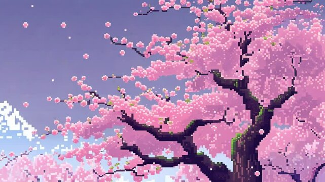 Pixel art animation of a cherry blossom tree with beautiful flowers floating across in breeze