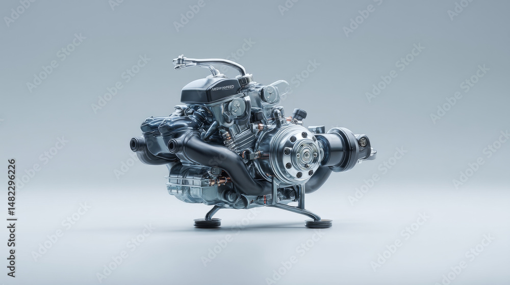 Poster high-quality image of a detailed engine with metallic components and modern design.