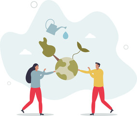 People Characters trying to Save Planet Earth.Woman and Man Planting and Watering Trees, Measuring Planet Temperature. character life .