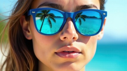Woman Wearing Blue Sunglasses On Ocean Background