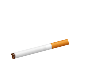 A single cigarette lies on a dark background