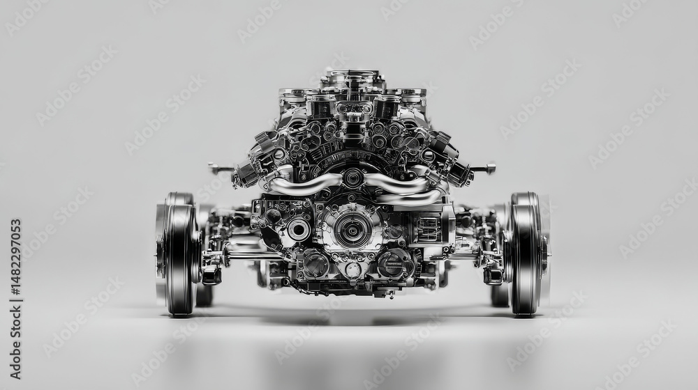 Poster high-tech engine design showcasing intricate details under studio lighting.