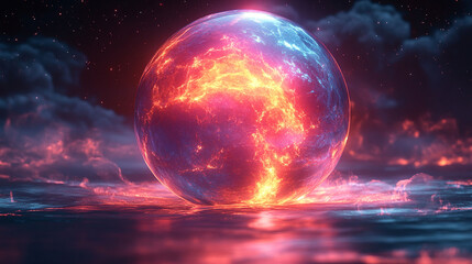 Fiery, glowing sphere planet, resting on a reflective surface, bathed in vibrant colors against a dark cosmic backdrop.