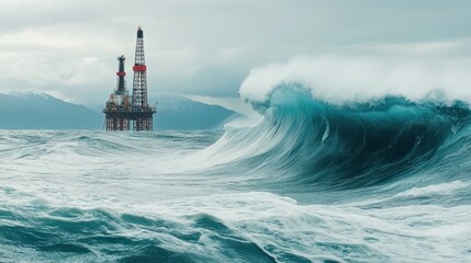 Powerful waves crash over oil rig