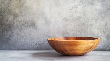 Simple wooden bowl on clean grey background for product presentation natural kitchen handmade rustic elegant organic decor traditional food scene