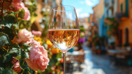 Ros? wine glass on a sunny Mediterranean street.