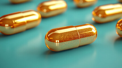 Golden capsules on teal background.