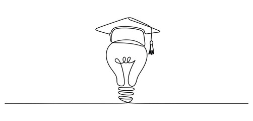 Graduation Cap on Light Bulb Continuous Line Drawing