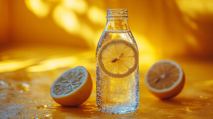 Refreshing lemon water in a bottle, with sliced lemons.