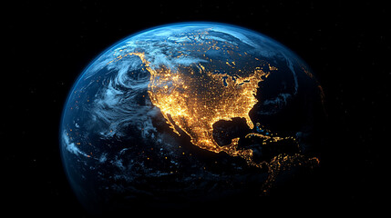 Earth with North America highlighted, showing city lights.