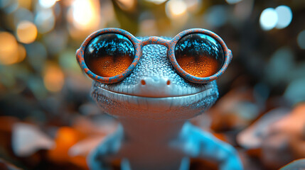 Cute gecko wearing sunglasses, joyful expression, nature background.