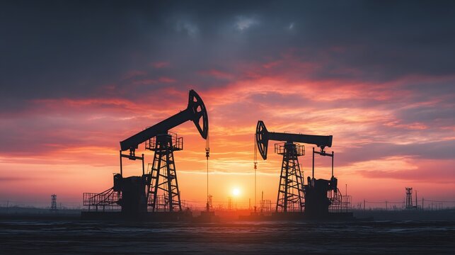 Silhouetted Pumpjacks at Sunset: A fiery sky silhouettes pumpjacks, representing energy production and the extraction of resources. An industrial scene.
