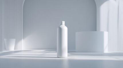 Minimalist design featuring a solitary white bottle in a bright, modern space.