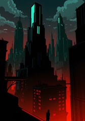 Stylized Cityscape at Night with Red and Teal Lights