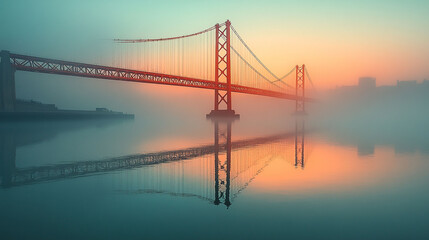 Majestic suspension bridge reflected in tranquil morning mist over calm river.