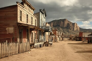 Fototapeta premium A deserted old western town with wooden buildings, a dirt street, and mountains in the background under a cloudy sky.