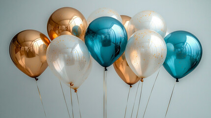 Festive balloons in metallic bronze, teal, and cream colors.