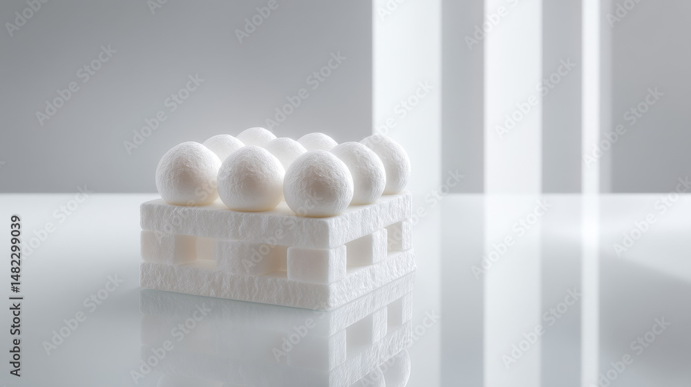 Poster minimalistic arrangement of white eggs on a textured block against a light background.
