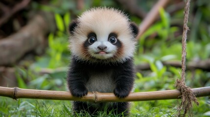 Obraz premium Adorable baby panda holding bamboo