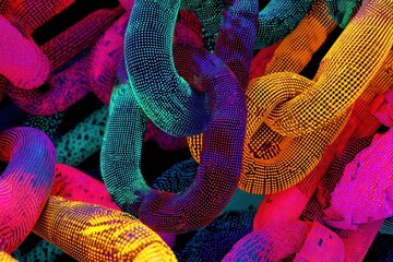 Abstract digital chains and neon patterns, capturing the essence of advanced futuristic technology.