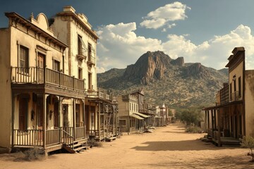 Fototapeta premium A deserted old western town with wooden buildings, a dirt street, and mountains in the background under a cloudy sky.
