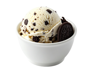 Creamy vanilla ice cream with chocolate cookie pieces served in a small white bowl