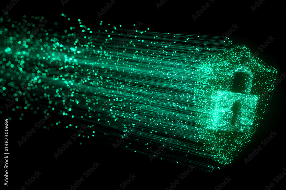 Poster abstract image of green light particles forming a padlock, symbolizing digital security and data pro