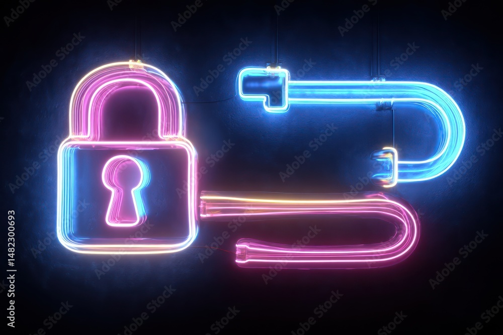Fototapete neon-lit digital network with encryption motifs like locks and keys, highlighting data security.