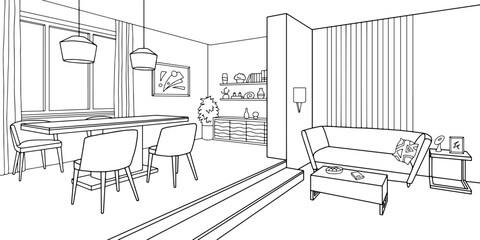 Living room graphic black white home interior sketch illustration vector 