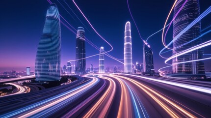  Aerial cityscape with glowing neon lights, futuristic architecture, and sun flare over skyscrapers 