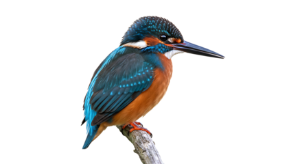Vibrant kingfisher perched on a twig against a stark white background