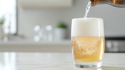 Pouring Refreshing Beer into a Glass in a Bright Kitchen pouring glass kitchen bright foam bubbles