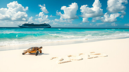 Beautiful beach scene with a sea turtle, cruise ship, and sunny blue sky for travel concept