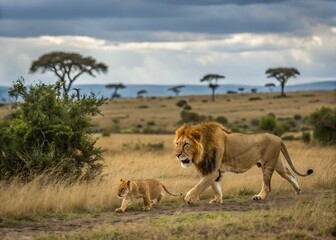 Majestic Bond: A Lion and His Cub Roam the Wild Plains