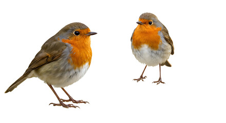 Fototapeta premium Two European robins standing on a plain white background, isolated birds image