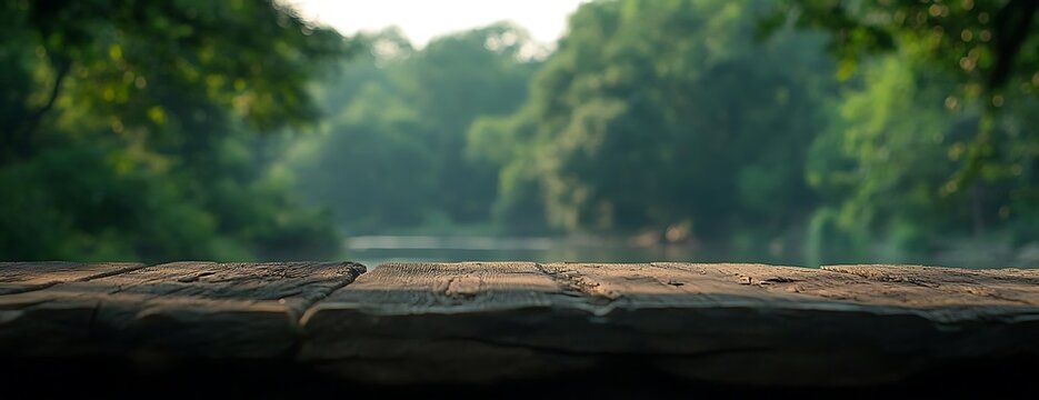 Wooden table, forest view, calm scene